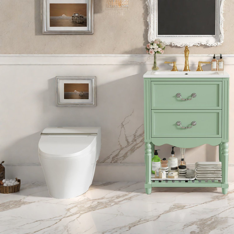 Meuble-lavabo rétro vert avec lavabo en céramique, élégance de salle de bain rétro