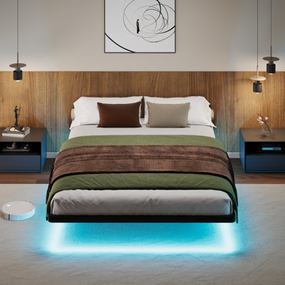 Floating Metal Bed Frame With LED Lights,Underbed Storage,No Boxspring Needed by Latitude Run