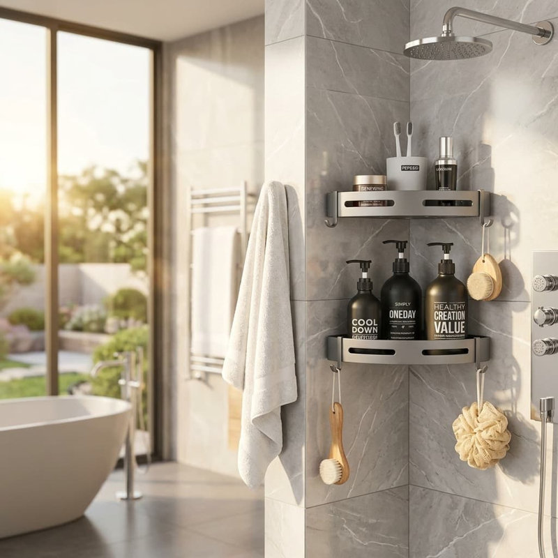 Étagère de coin de douche à 2 niveaux gris foncé, fixation murale adhésive sans perçage, Gris foncé
