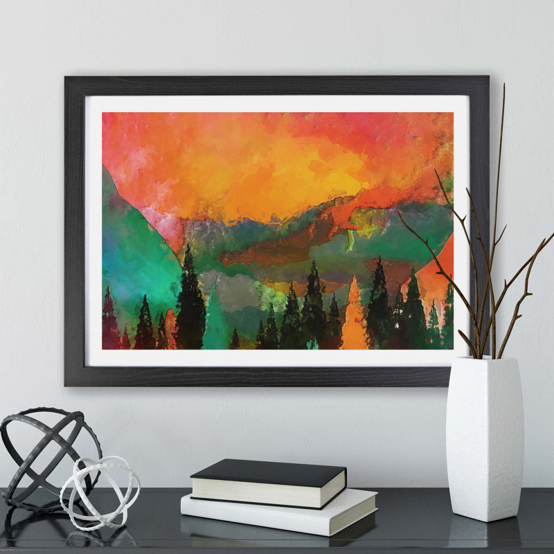 Trees At The Foot Of A Setting Sun - Single Picture Frame Painting, Black, 62cm H x 87cm W x 2cm D