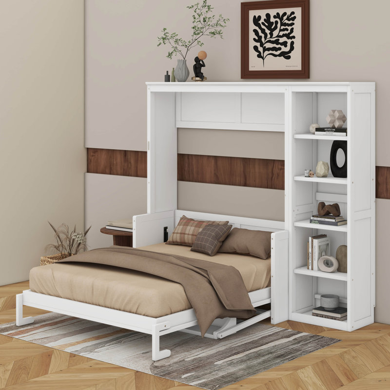 Lit escamotable double avec bureau et bibliothèque, Blanc