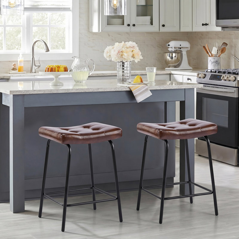 25.5''H Faux Leather Counter Stools Set of 2 for Kitchen Island, Backless Saddle Counter Height Bar Stools with Metal Frame & Footrest, Dark Brown