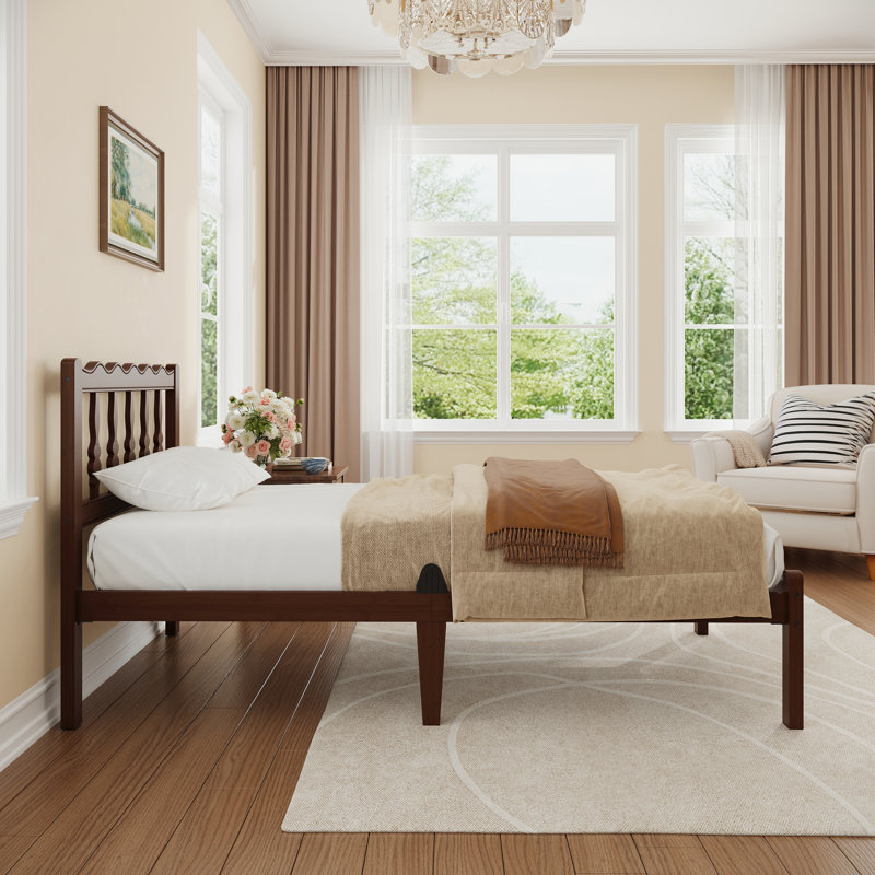 14'' Walnut Bamboo Platform Bed Frame with Wavy Headboard, Solid Wood & Metal Slats, Noise Free, No Box Spring Needed, Twin