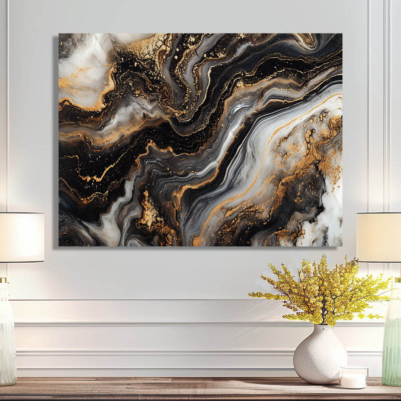 Glam Gold Flows, agate noire - salon d'art mural en marbre, Pas de métal encadré, H 12 po x l 20 po x P 1 po