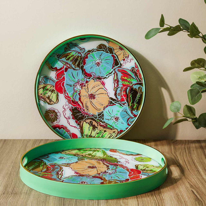 Akasya 2 piece Glass Decoration Tray for Living Room Decor, Agate Design Round Plastic Serving Tray, Green