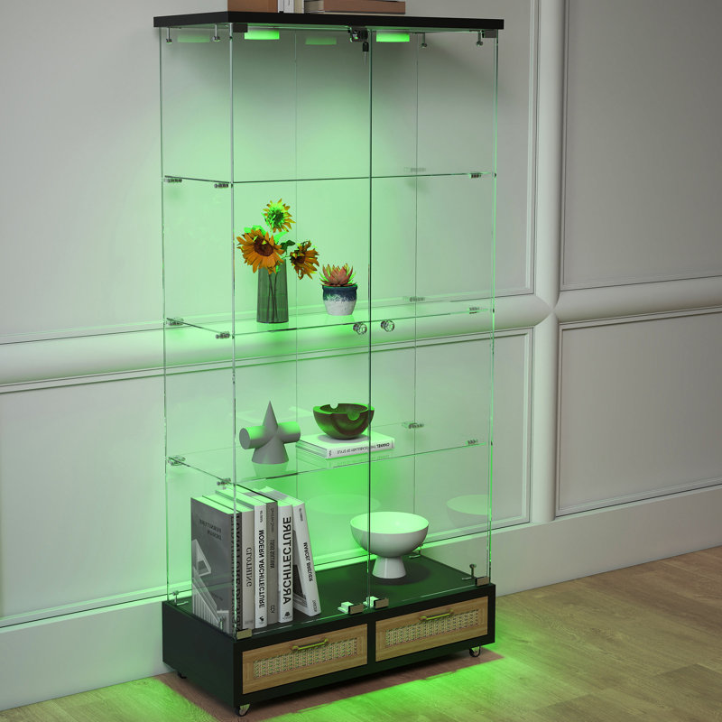 Vitrine moderne en verre avec grands tiroirs, Naturel/noir
