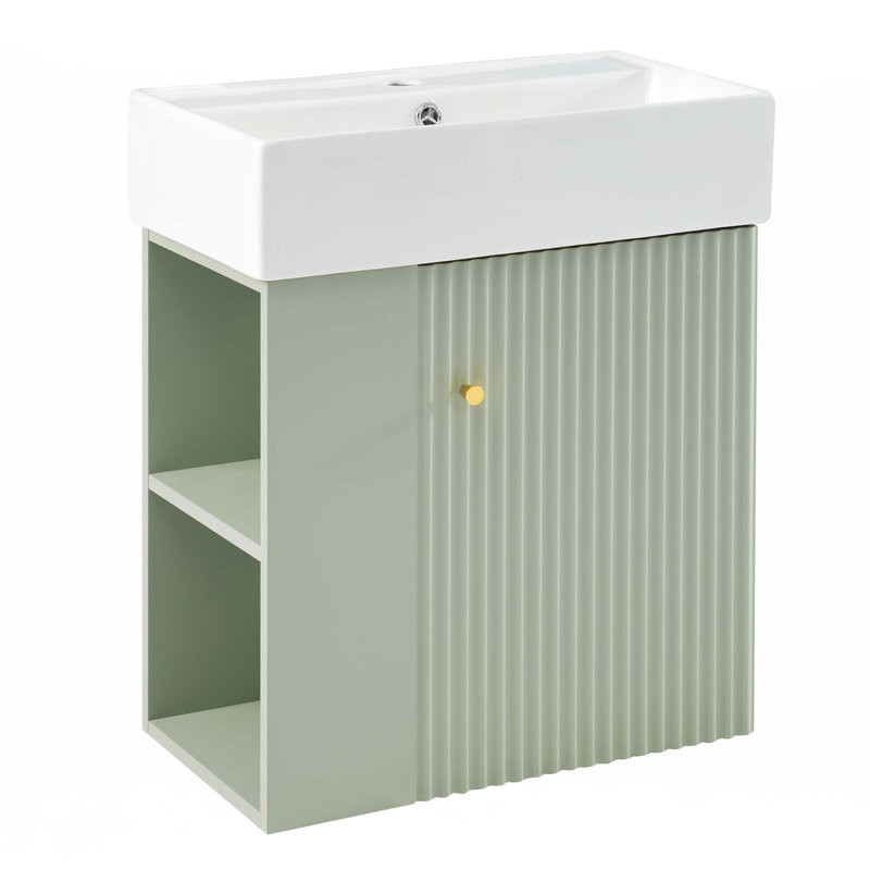 21.6"Floating Bathroom Vanity With Ceramic Basin,Left Side Storage, Green