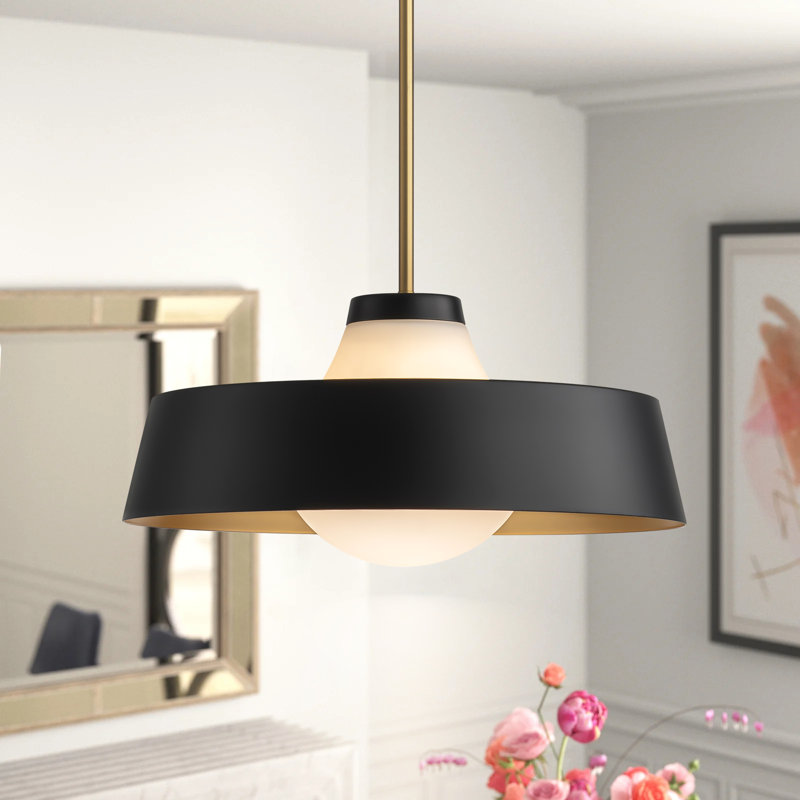 Edford 1-Light Single Metal Glass Shaded Kitchen Island Pendant Light, Black