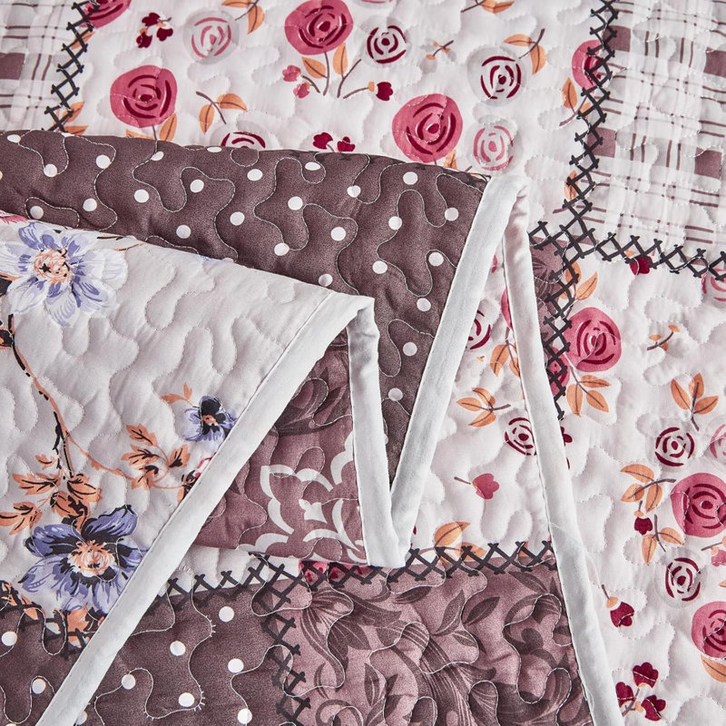 Ensemble de courtepointe patchwork pour lit double 3 pièces à motif floral à carreaux d'été, Brun