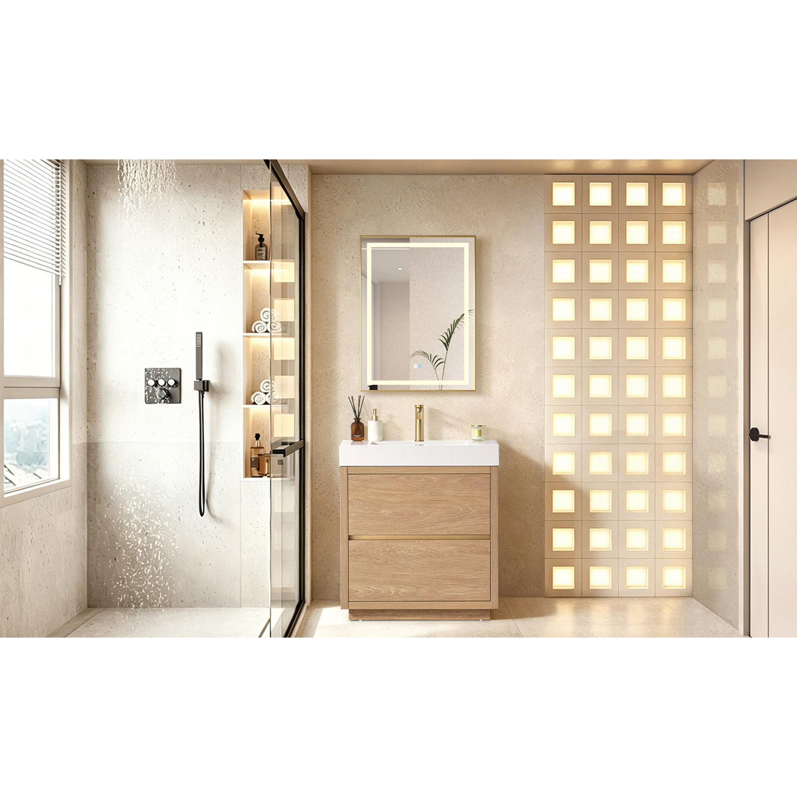Beira Single Bathroom Vanity, North American Oak, White, 30"