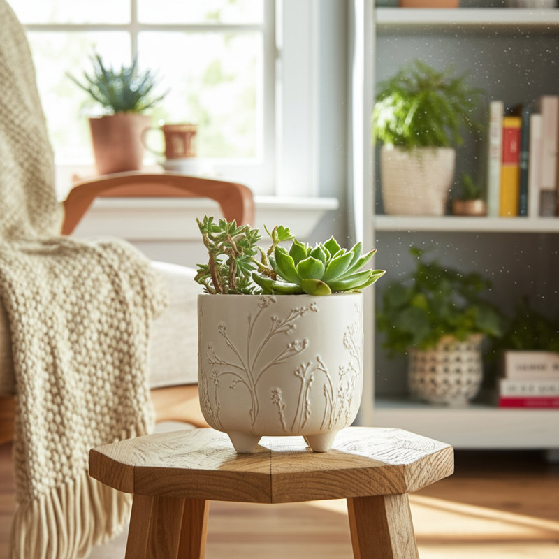 Stoneware Ceramic Planter With Raised Botanical Relief Design And Tripod Base - Durable Contemporary Decorative Pot For Indoor Accent Display