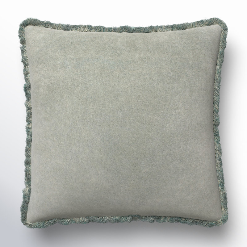 Steph Fringed Cotton Throw Pillow, Down, Seafoam, 18" x 18"