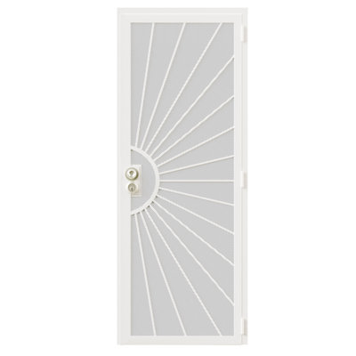 80 in Security Screen Door With Lock – Perforated Mesh Steel with Rust-Resistant Finish and Dual-Bore, Reversible Left or Right in White