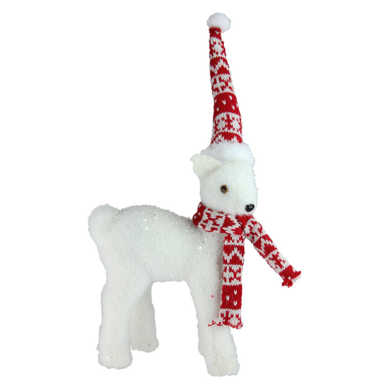 Décoration de Noël cerf debout blanc et rouge 14,5 po avec chapeau nordique