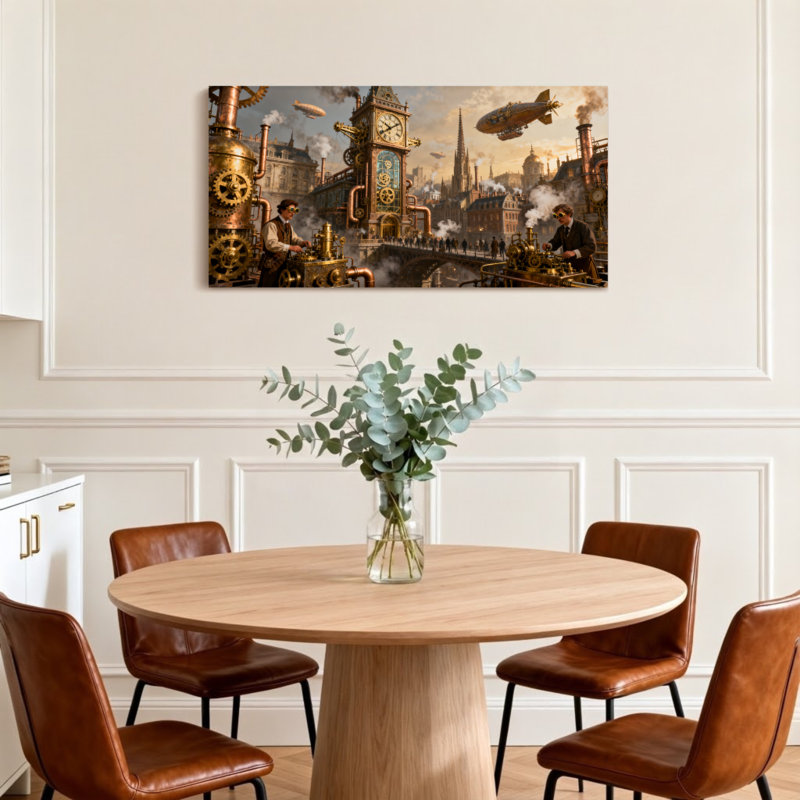 Paysage urbain fantaisiste et sci-fi Steampunk avec tour de l'horloge et dirigeables, H 16 po x l 32 po