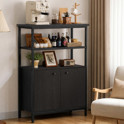 Étagère de boulanger de cuisine industrielle avec armoire de rangement, buffet à 3 niveaux à tablettes ouvertes avec portes doubles et structure en métal, station de café autoportante pour l'entrée et la salle à manger