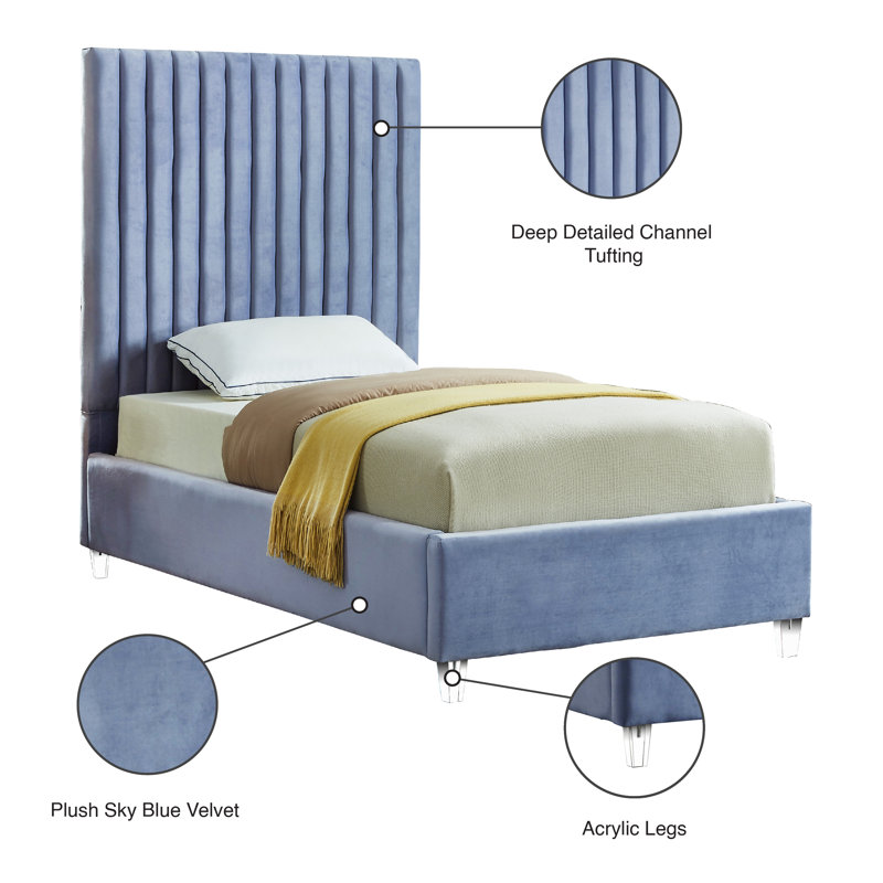 Upholstered Platform Bed, Twin, Sky Blue Velvet