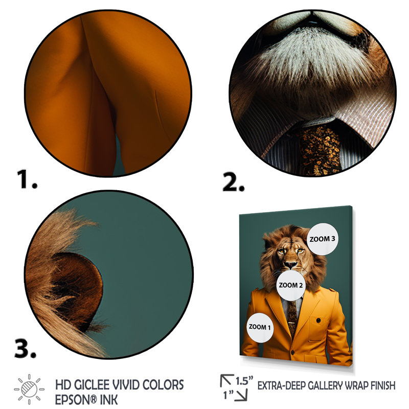 Jaune avec lion II, Cadre flottant doré, H 44 po x l 34 po x P 1,5 po