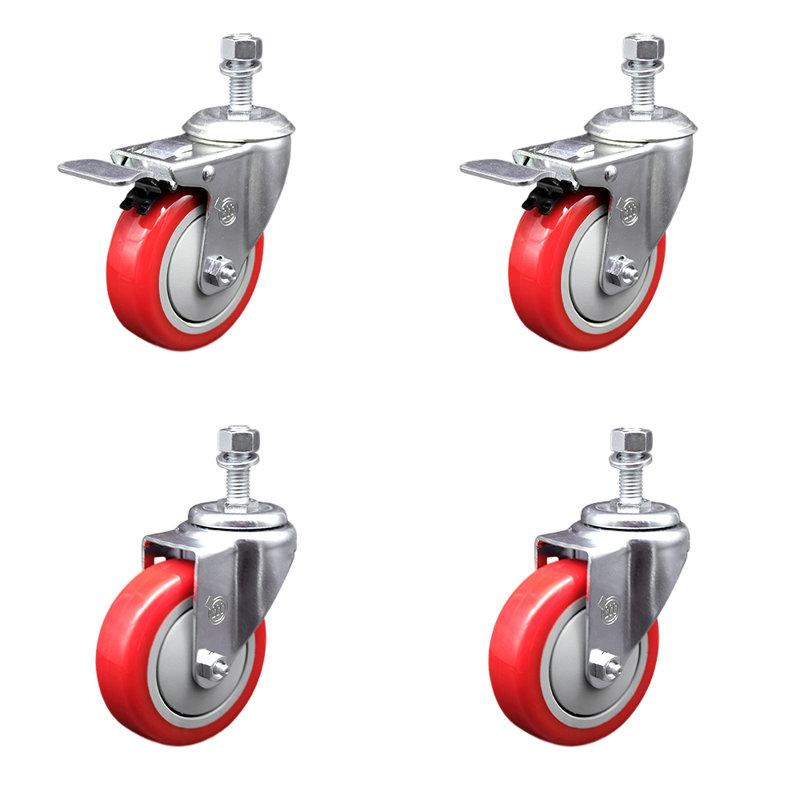 4 Inch SS Red Polyurethane ½ Inch Threaded Stem Caster Set 2 Total Lock Brake