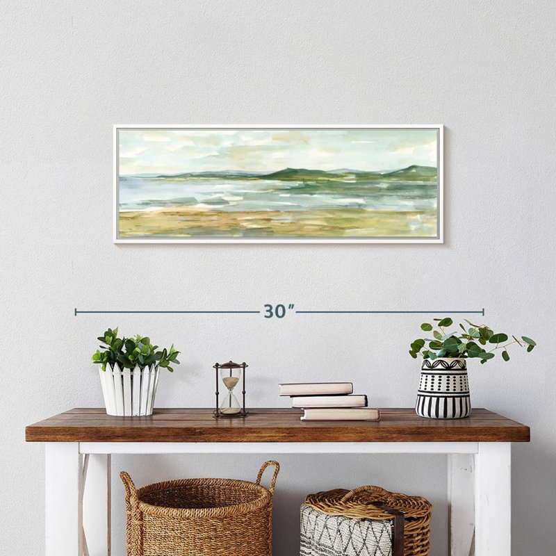 Paysage marin panoramique I, 25 po x 9 po, Cadre flottant blanc