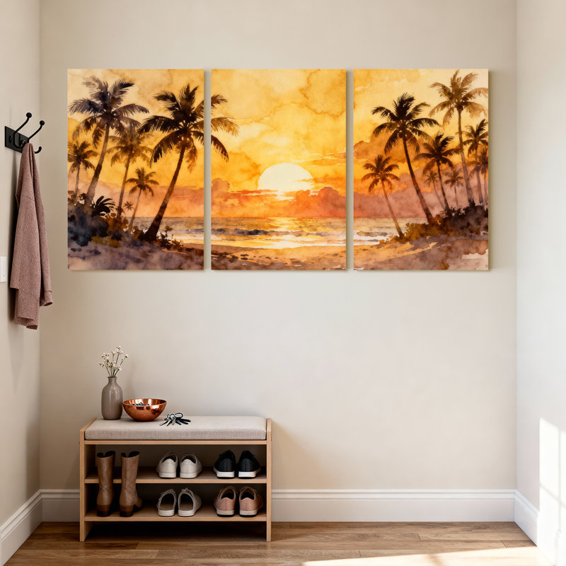 Palmiers, coucher de soleil tropical, Palm Beach, ensemble de 3 impressions sur toile, H 30 po x l 60 po