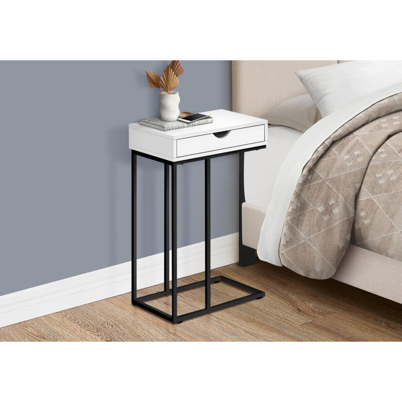 Table d'appoint, en forme de C, bout, côté, collation, tiroir de rangement, salon, chambre à coucher, stratifié blanc, métal noir, contemporain, moderne