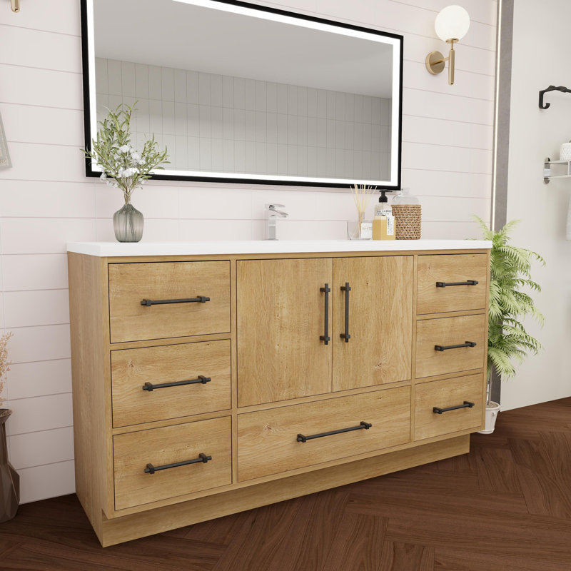 Victoria Oak Finish Freestanding Single Bathroom Vanity with Acrylic Top