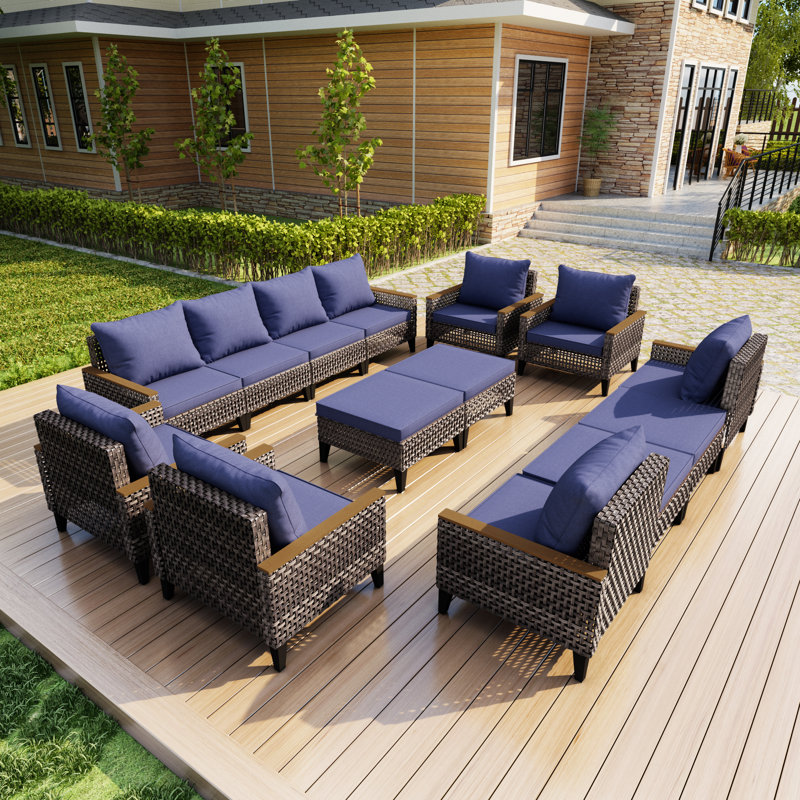 14 Pieces Patio Furniture Set, Wicker Rattan Outdoor Conversation Sets With 4 Ottomans (Blue Cushions), Blue