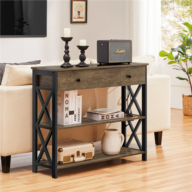 Taupe Wood and Black Metal Console Table with Storage and USB Ports