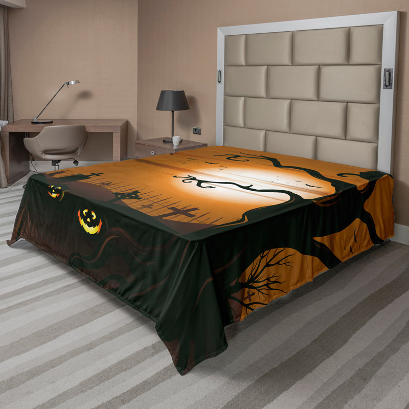 Ambesonne Halloween Top Flat Sheet Scary Cemetery Brown Tan, King Flat Sheet