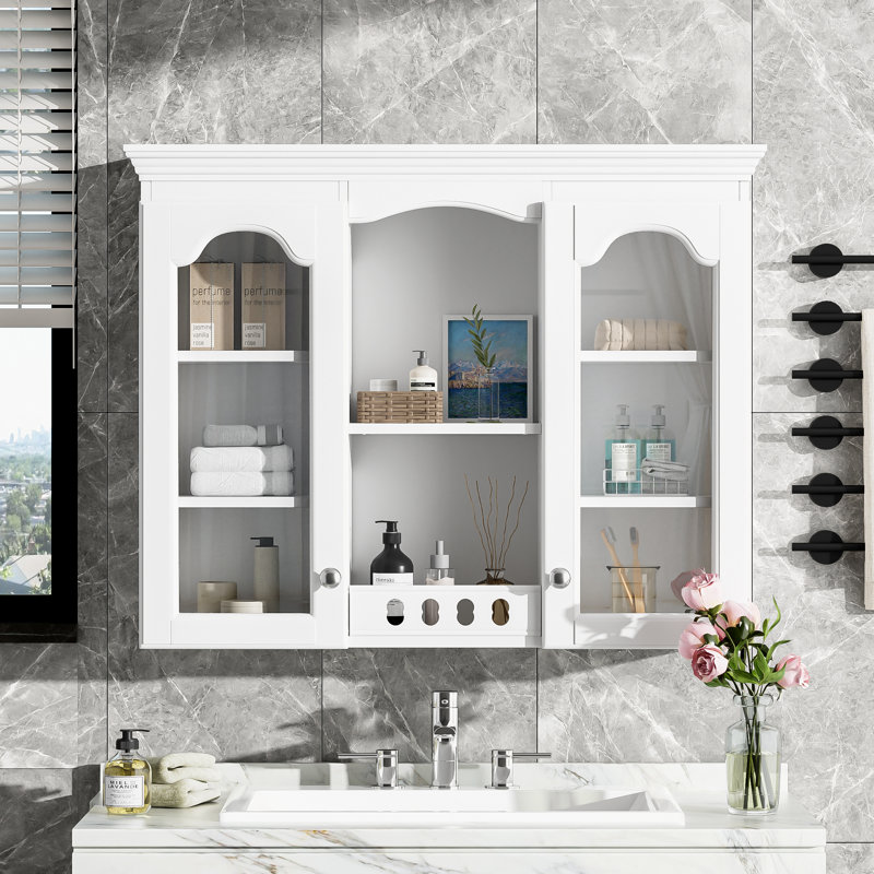 Armoire de rangement murale pour salle de bain avec 2 portes en verre