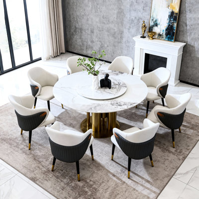 Table de salle à manger 59 po ronde avec 360 frises paresseuses, résistantes à la chaleur et aux chocs, design minimaliste américain, 8 places, table blanc doré, salle à manger rotative anti-taches