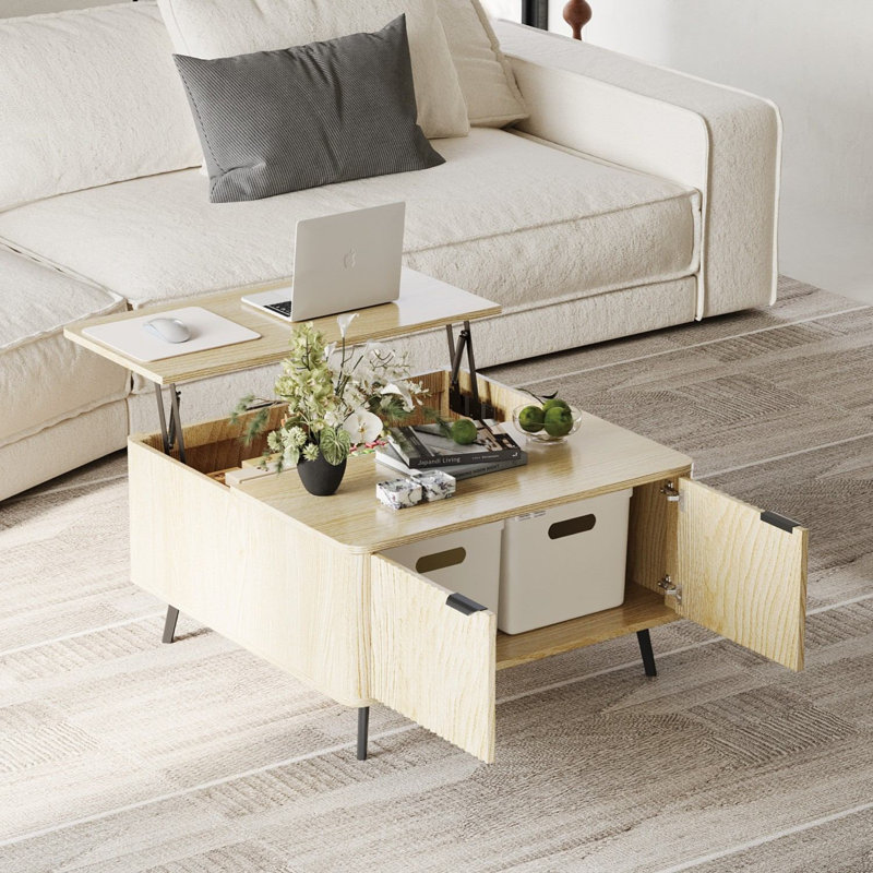 Lift up Coffee Table, Lift up Desktop Central Table, with Large Hidden Storage Room, Open Shelves, Wood Grain
