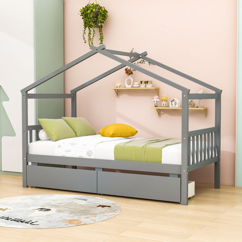 Lit simple en bois avec deux tiroirs de rangement Autym, Gris