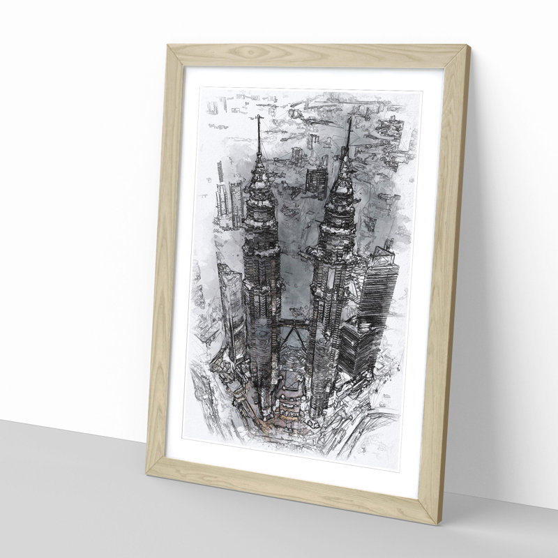 Petronas Towers In Kuala Lumpur - Single Picture Frame Painting on MDF, Oak Framed, 63cm H x 45cm W x 2cm D
