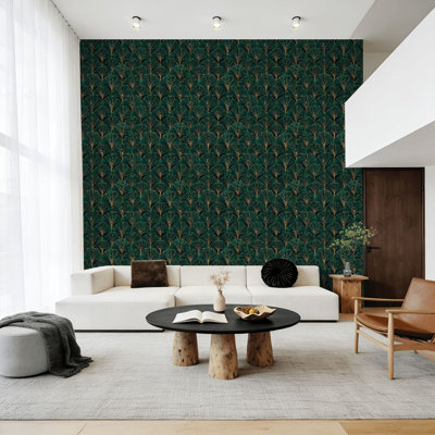 Renter Friendly Peel and Stick Wall Mural Emerald Green Gold Ginkgo Leaf Elegant Art Deco Botanical Repeat Vinyl  Waterproof Removable for Room  Bathroom  Cabinet & Shelves door
