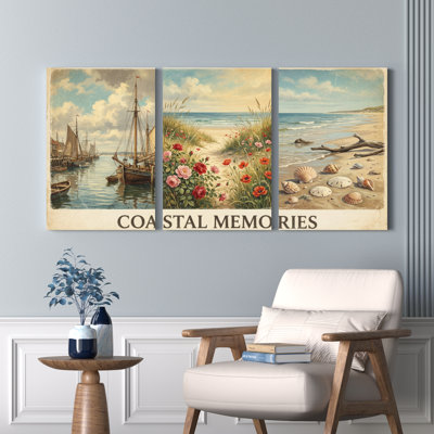 Ensemble de 3 tableaux sur toile « Souvenirs côtiers : voiliers, plage, fleurs et coquillages », idéal pour le salon, la chambre ou une décoration de style bord de mer.