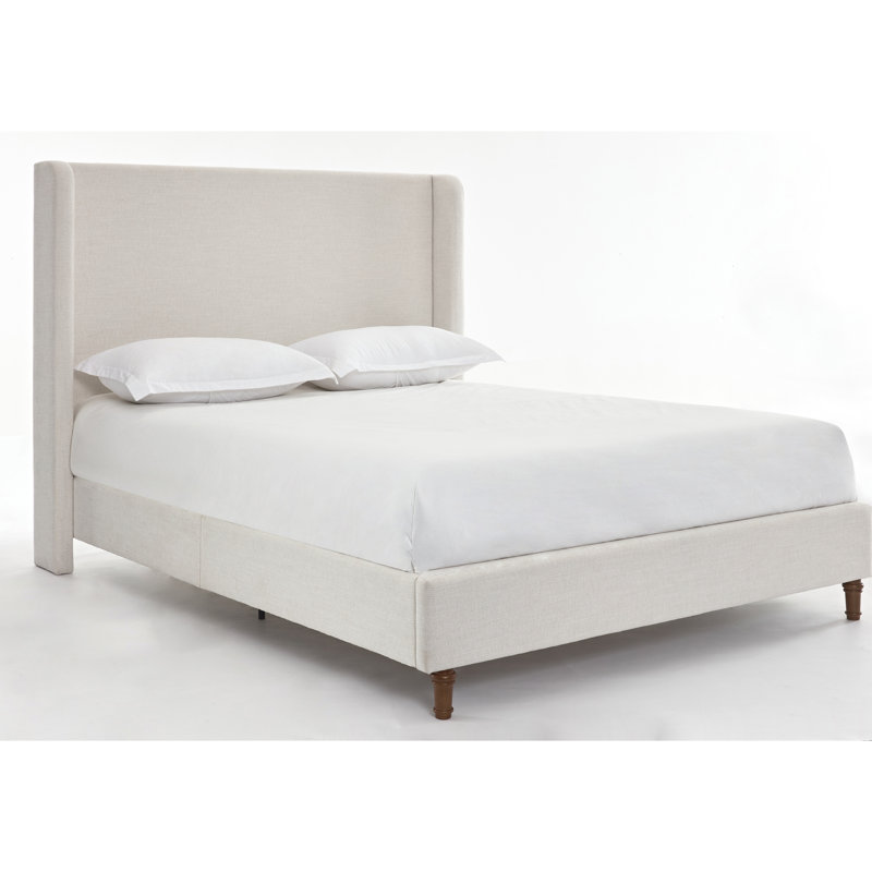 Hayden Upholstered Wingback Bed with Tall Headboard, Textured Ivory Canvas, Elegant Simplicity, Queen