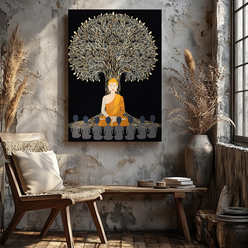 Toile, scène sereine représentant un Bouddha stylisé assis sous un art mural, H 12 po x l 9 po