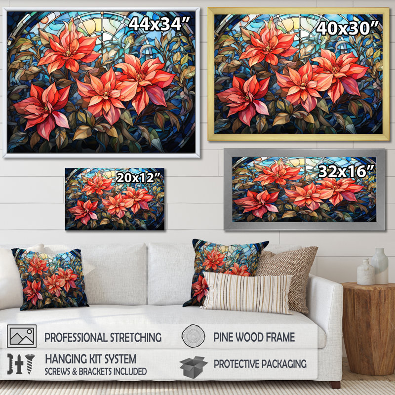 Vitrail poinsettia II - impression, H 24 po x l 32 po x P 1 po, Cadre flottant blanc