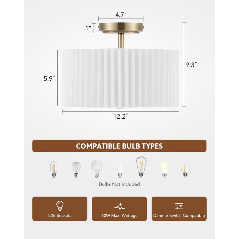 Semi Flush Mount Ceiling Light 12.2In Ceiling Light Fixture With Pleated Shade 2-Light Modern Drum Light Fixture White Shade & Bronze Finish