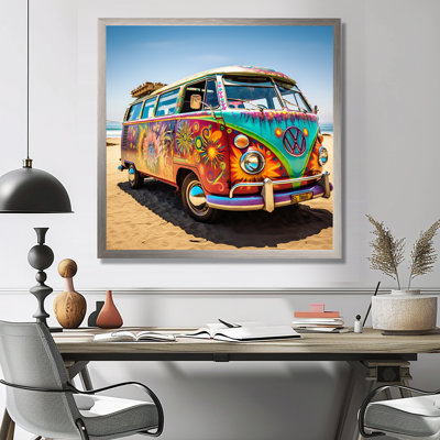 Magic Hippie Bus On The Beach I - Car Van Framed Prints