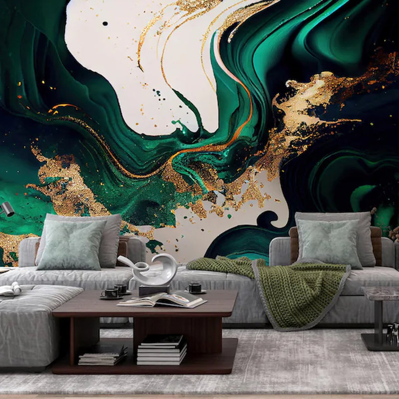Murale abstraite en marbre vert émeraude et or, L 108 po x l 96 po
