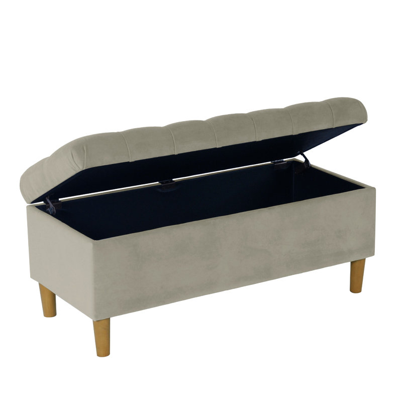 Button Tufted Storage Bench with Cone Wood Legs, Tan Beige
