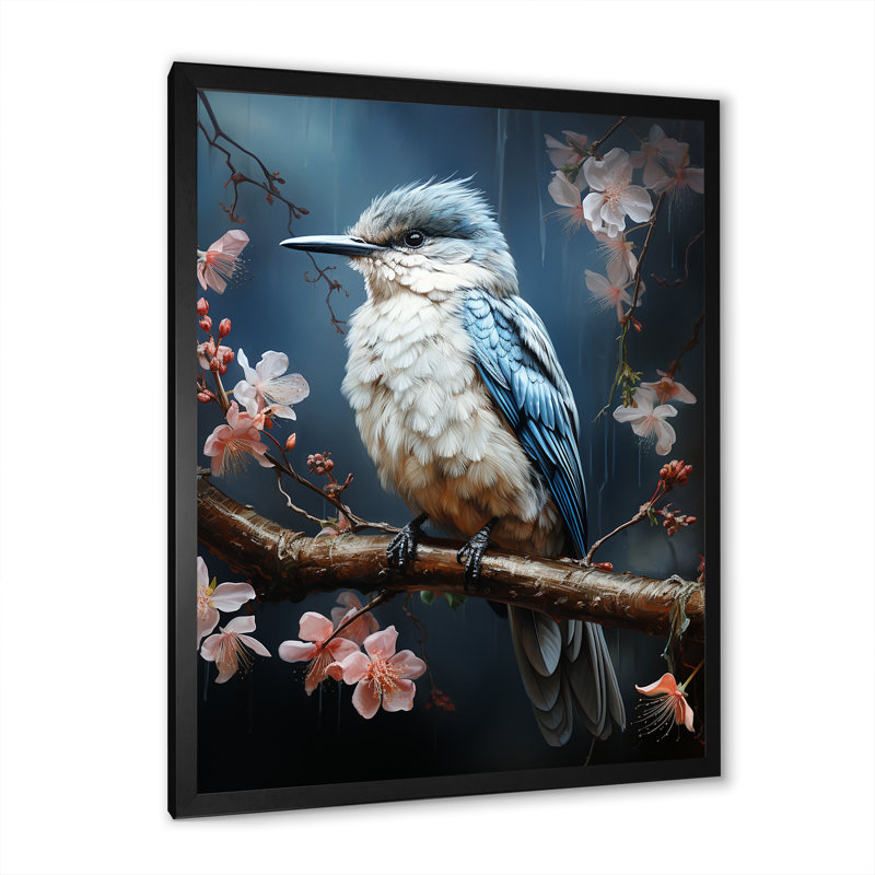 «Blue Bird Murmurs In Moonlight IV», art mural oiseau, Cadre flottant doré, H 44 po x l 34 po x P 1,5 po