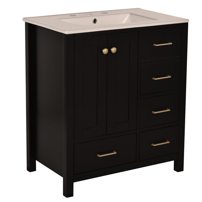 30" Bathroom Vanity with Ceramic Sink Combo, Solid Wood Frame, 4 Drawers & Soft Closing Doors, Freestanding Vanity Set, Black