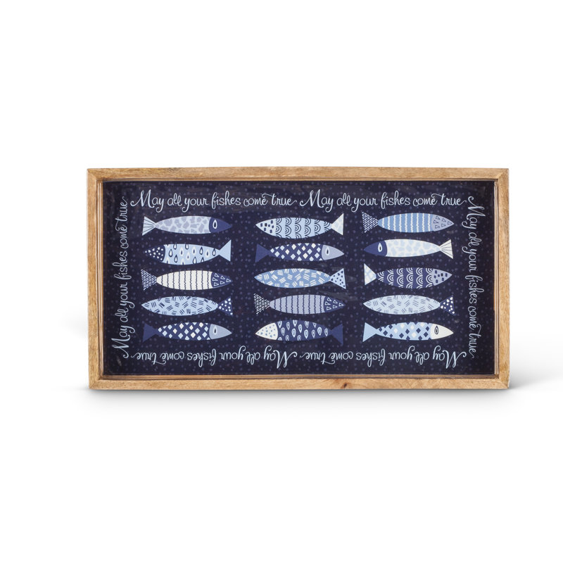 Long plateau de service rectangulaire en bois de manguier avec motif de poisson