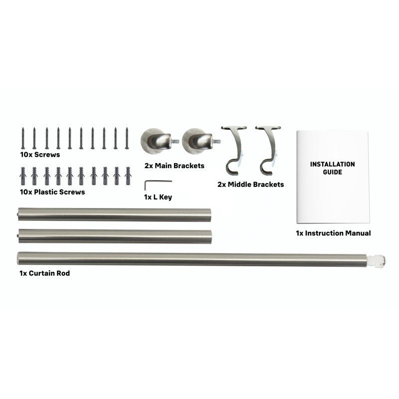 Dedman 100% Stainless Steel Single Curtain Rod, Silver, 48" - 86" W