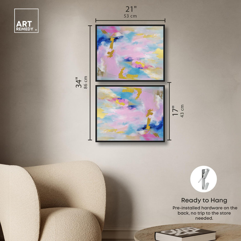 «Joyful Expressionism», ensemble de 2 toiles abstraites bleues par Art Remedy, Cadre flottant noir, H 16 po x l 20 po