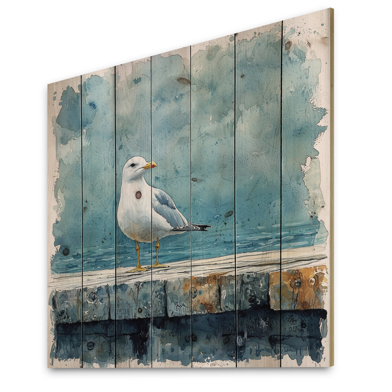 Mouette sur le quai I - Décoration murale en bois d'oiseau - sur bois de pin naturel, H 30 po x l 30 po x P 0,78 po
